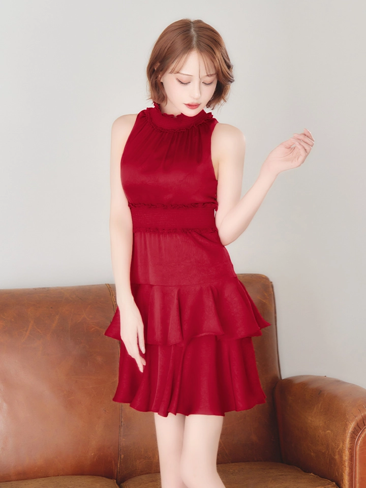 【GINZA COUTURE/銀座クチュール】フラワープリント/ シャーリング/ フリル/ ノースリーブ/ ハイネック/ Aライン/ フレア/ ワンピース/ ミニドレス/ キャバドレス2