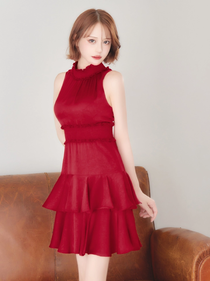 【GINZA COUTURE/銀座クチュール】フラワープリント/ シャーリング/ フリル/ ノースリーブ/ ハイネック/ Aライン/ フレア/ ワンピース/ ミニドレス/ キャバドレス3