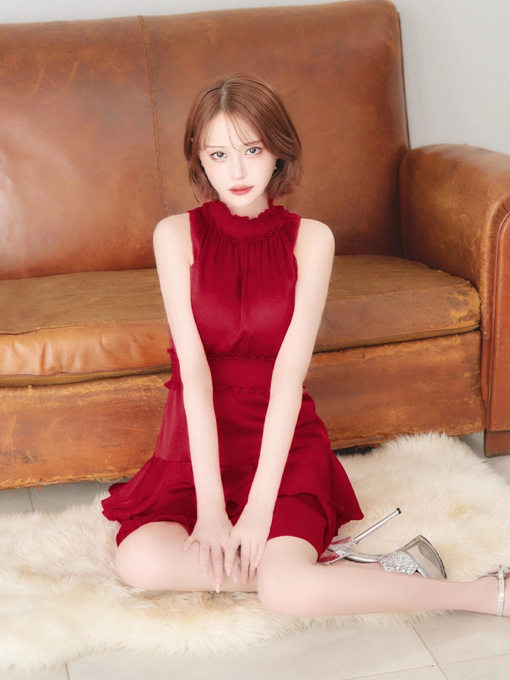 【GINZA COUTURE/銀座クチュール】フラワープリント/ シャーリング/ フリル/ ノースリーブ/ ハイネック/ Aライン/ フレア/ ワンピース/ ミニドレス/ キャバドレス5