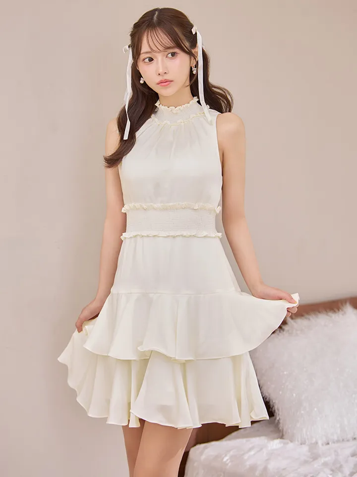 【GINZA COUTURE/銀座クチュール】フラワープリント/ シャーリング/ フリル/ ノースリーブ/ ハイネック/ Aライン/ フレア/ ワンピース/ ミニドレス/ キャバドレス2