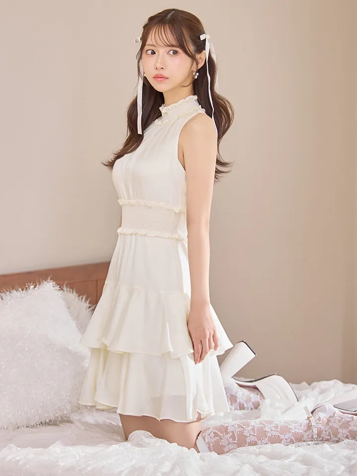 【GINZA COUTURE/銀座クチュール】フラワープリント/ シャーリング/ フリル/ ノースリーブ/ ハイネック/ Aライン/ フレア/ ワンピース/ ミニドレス/ キャバドレス3