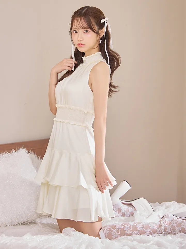 【GINZA COUTURE/銀座クチュール】フラワープリント/ シャーリング/ フリル/ ノースリーブ/ ハイネック/ Aライン/ フレア/ ワンピース/ ミニドレス/ キャバドレス4