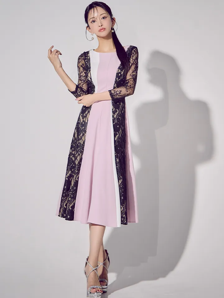 【GINZA COUTURE/銀座クチュール】トリコロール/ レース/ 七分袖/ ベルト付き/ プリーツ/ ベルト付き/ アシンメトリー/ Aライン/ 膝丈/ ワンピース/ ミディアムドレス/ キャバドレス2