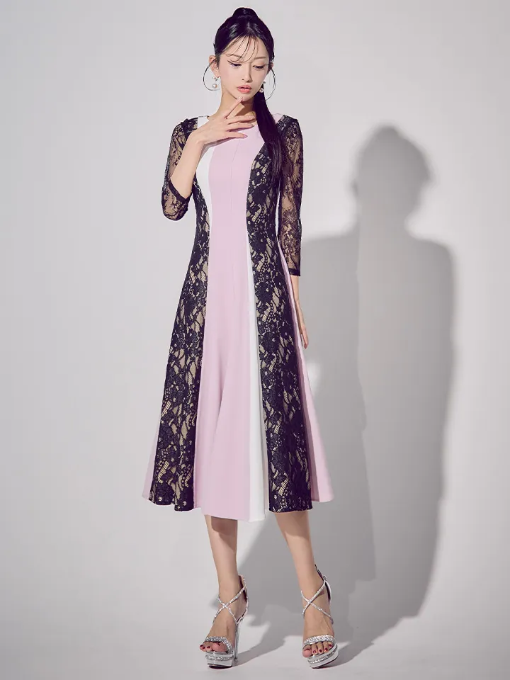 【GINZA COUTURE/銀座クチュール】トリコロール/ レース/ 七分袖/ ベルト付き/ プリーツ/ ベルト付き/ アシンメトリー/ Aライン/ 膝丈/ ワンピース/ ミディアムドレス/ キャバドレス3