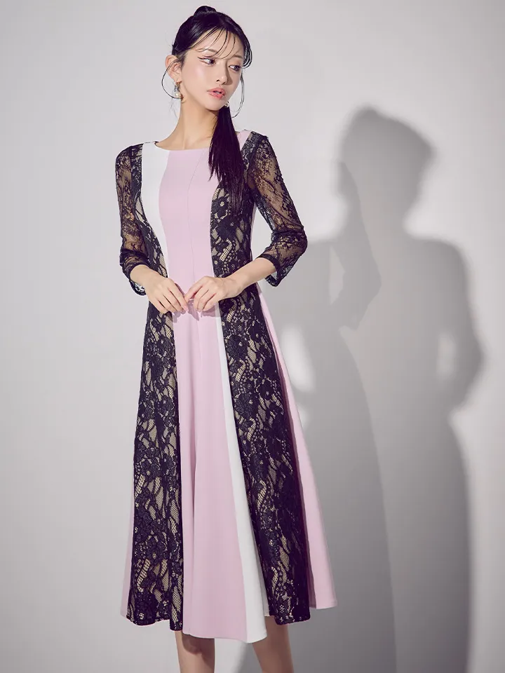 【GINZA COUTURE/銀座クチュール】トリコロール/ レース/ 七分袖/ ベルト付き/ プリーツ/ ベルト付き/ アシンメトリー/ Aライン/ 膝丈/ ワンピース/ ミディアムドレス/ キャバドレス4