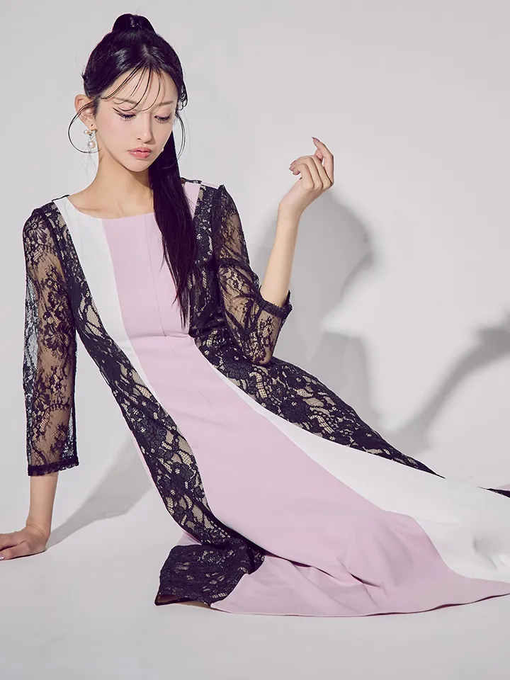 【GINZA COUTURE/銀座クチュール】トリコロール/ レース/ 七分袖/ ベルト付き/ プリーツ/ ベルト付き/ アシンメトリー/ Aライン/ 膝丈/ ワンピース/ ミディアムドレス/ キャバドレス5