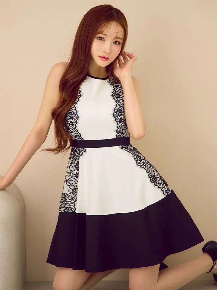 【GINZA COUTURE/銀座クチュール】バイカラー/ ノースリーブ/ スカラップレース/ Aライン/ フレア/ ワンピース/ ミニドレス/ キャバドレス4