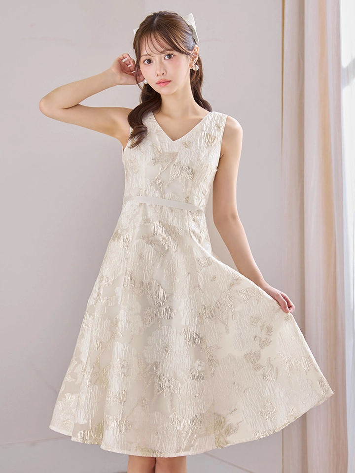 【GINZA COUTURE/銀座クチュール】フラワープリント/ 金糸/ Vネック/ ノースリーブ/ ハイウエスト/ Aライン/ フレア/ ワンピース/ ミディアムドレス/ キャバドレス2