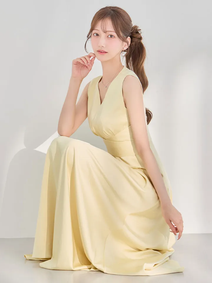 【GINZA COUTURE/銀座クチュール】シンプル/ サテン/ Vネック/ ノースリーブ/ウエストマーク/ Aライン/ フレア/ ロングドレス/ キャバドレスlong2