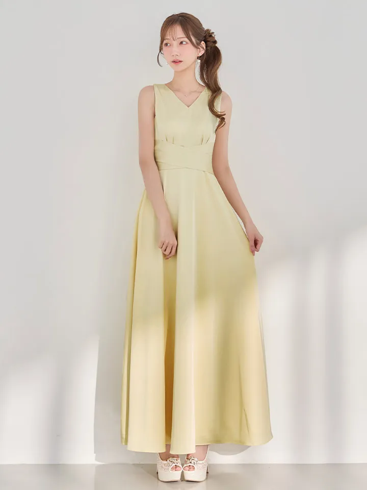 【GINZA COUTURE/銀座クチュール】シンプル/ サテン/ Vネック/ ノースリーブ/ウエストマーク/ Aライン/ フレア/ ロングドレス/ キャバドレスlong4