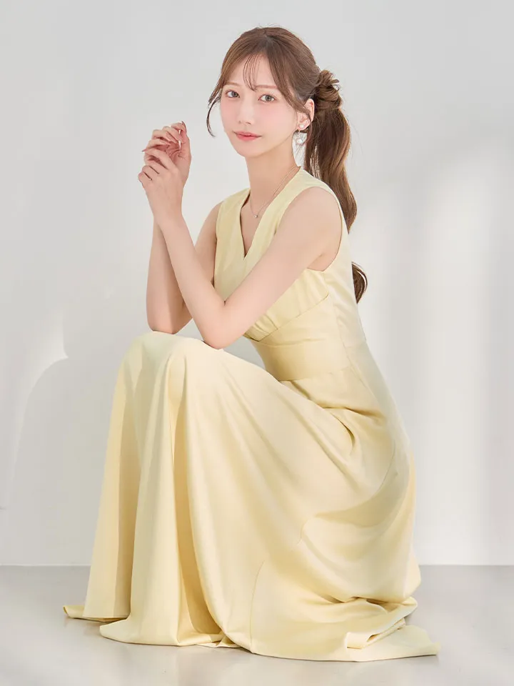 【GINZA COUTURE/銀座クチュール】シンプル/ サテン/ Vネック/ ノースリーブ/ウエストマーク/ Aライン/ フレア/ ロングドレス/ キャバドレスlong6