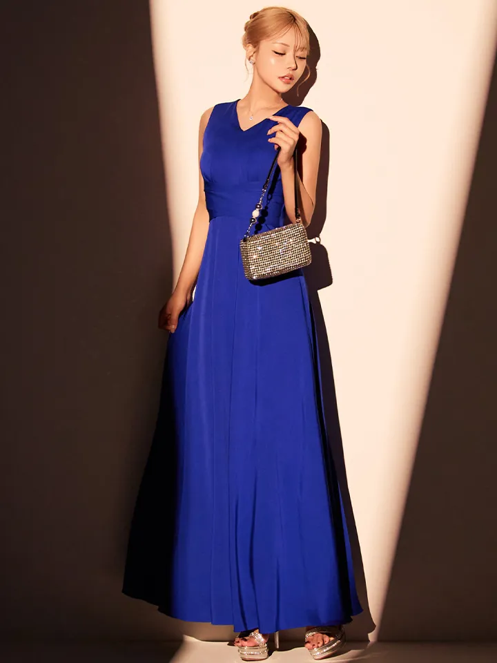 【GINZA COUTURE/銀座クチュール】シンプル/ サテン/ Vネック/ ノースリーブ/ウエストマーク/ Aライン/ フレア/ ロングドレス/ キャバドレスlong5