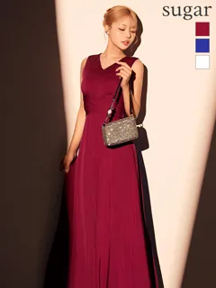 【GINZA COUTURE/銀座クチュール】シンプル/ サテン/ Vネック/ ノースリーブ/ウエストマーク/ Aライン/ フレア/ ロングドレス/ キャバドレスlong1