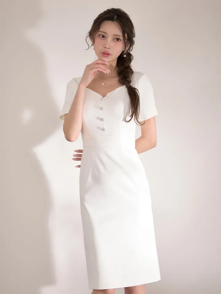 【GINZA COUTURE/銀座クチュール】ビジューボタン/ ワンカラー/ 半袖/ タイト/ 膝丈/ ミディアムドレス/ キャバドレス2