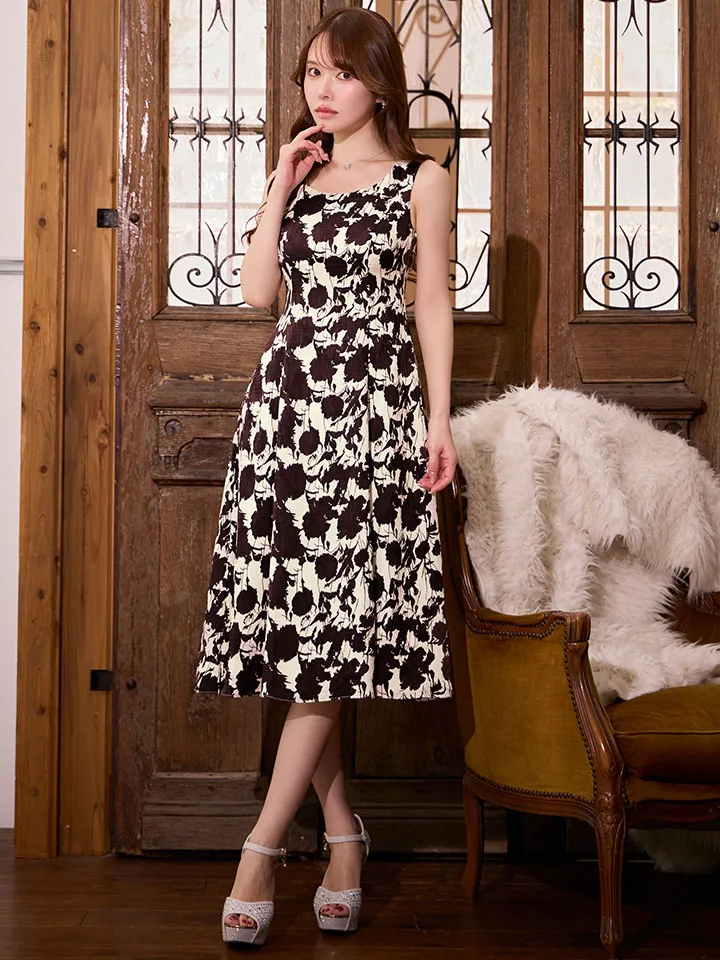 【GINZA COUTURE/銀座クチュール】フラワープリント/ バイカラー/ ノースリーブ/ Aライン/ 膝丈/ フレア/ ワンピース/ ミディアムドレス/ キャバドレス1