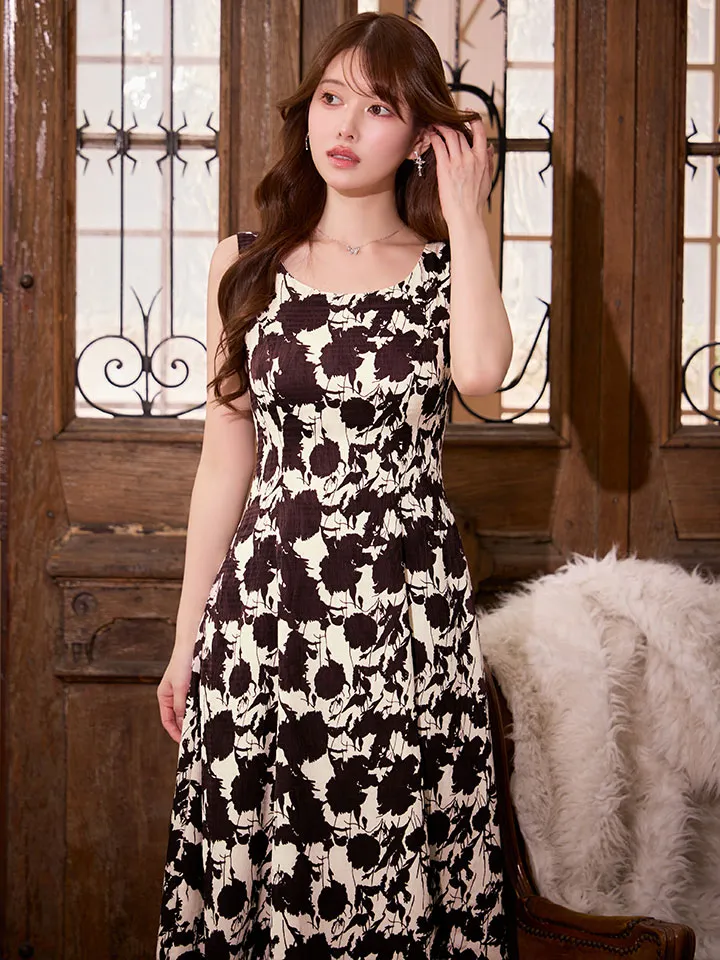 【GINZA COUTURE/銀座クチュール】フラワープリント/ バイカラー/ ノースリーブ/ Aライン/ 膝丈/ フレア/ ワンピース/ ミディアムドレス/ キャバドレス2