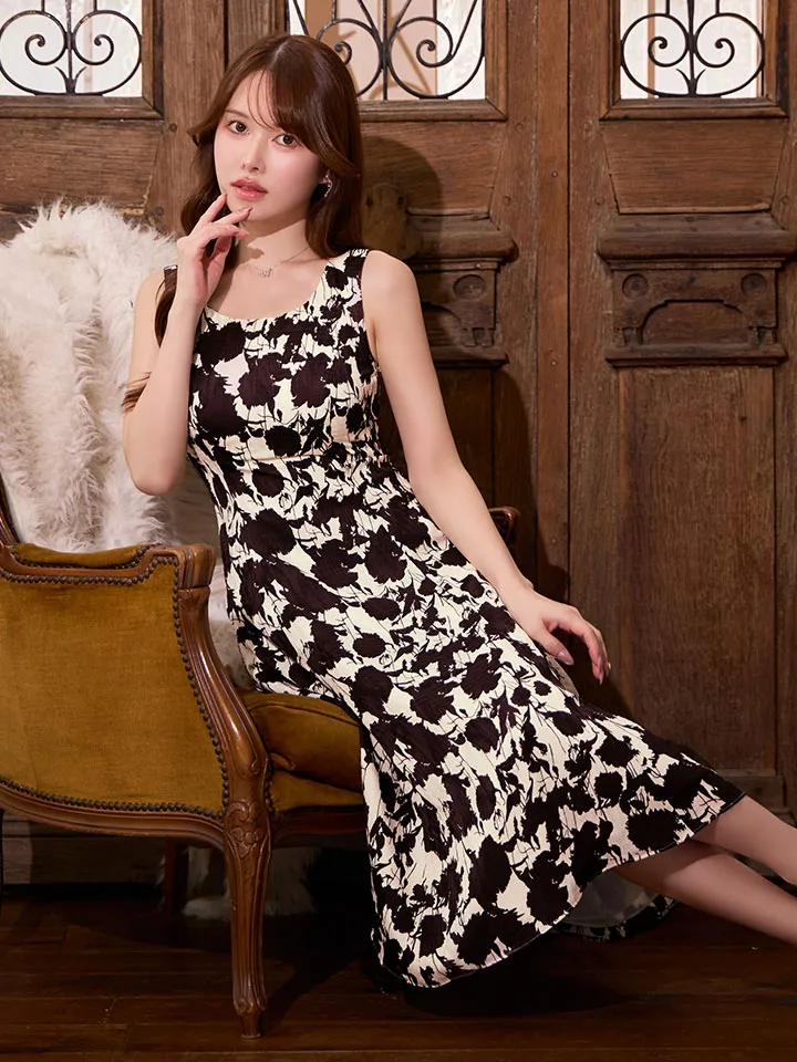 【GINZA COUTURE/銀座クチュール】フラワープリント/ バイカラー/ ノースリーブ/ Aライン/ 膝丈/ フレア/ ワンピース/ ミディアムドレス/ キャバドレス4