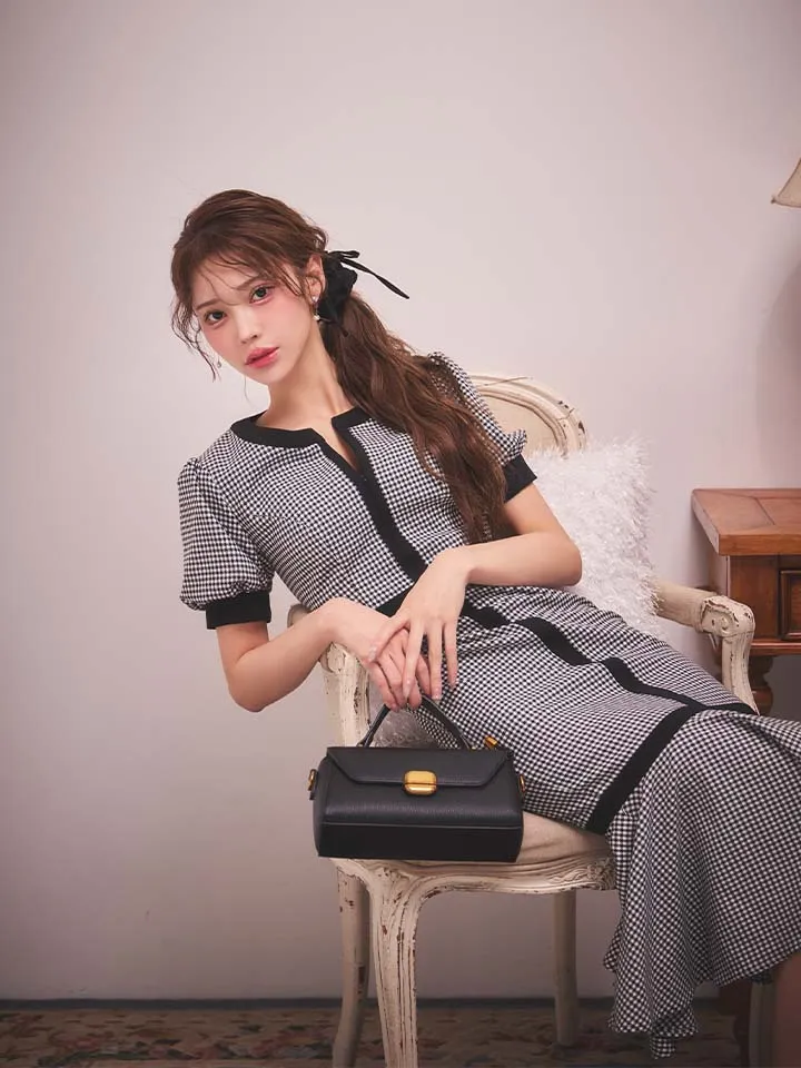  【GINZA COUTURE/銀座クチュール】マーメイド/ 千鳥柄/ パイピング/ フリル/ ワンピース/ ミディアムドレス/ キャバドレス1