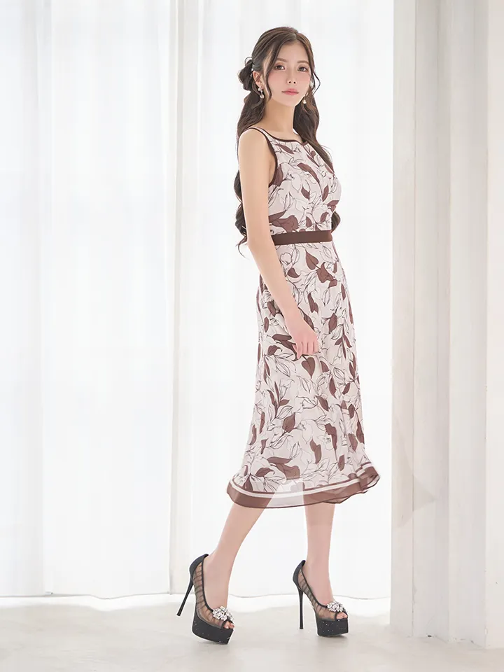 【GINZA COUTURE/銀座クチュール】フラワープリント/ パイピング/ ノースリーブ/ Aライン/ フレア/ ワンピース/ ミディアムドレス/ キャバドレス1