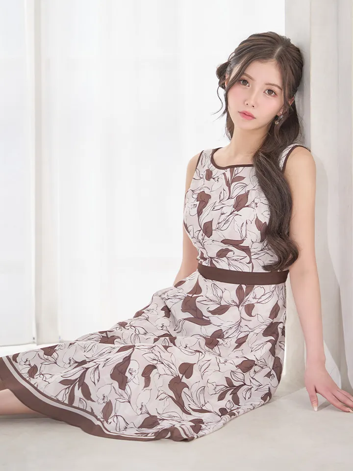 【GINZA COUTURE/銀座クチュール】フラワープリント/ パイピング/ ノースリーブ/ Aライン/ フレア/ ワンピース/ ミディアムドレス/ キャバドレス5