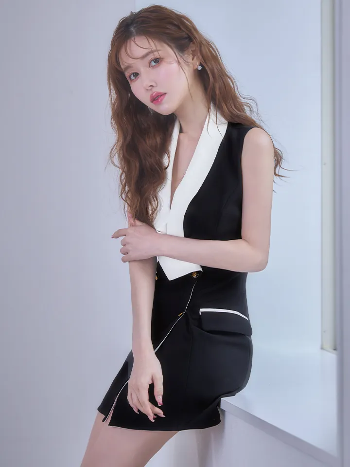 【GINZA COUTURE/銀座クチュール】バイカラー/ ダブルボタン/ 襟/ Vネック/ ノースリーブ/ タイト/ ミニドレス/ キャバドレス1