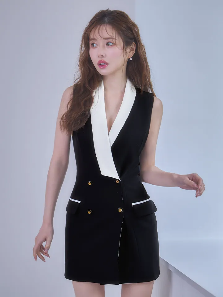 【GINZA COUTURE/銀座クチュール】バイカラー/ ダブルボタン/ 襟/ Vネック/ ノースリーブ/ タイト/ ミニドレス/ キャバドレス4