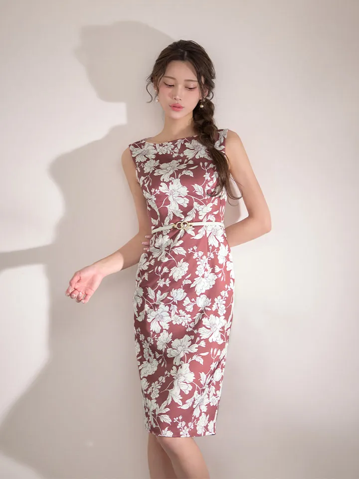 【GINZA COUTURE/銀座クチュール】サテン/ 花柄プリント/ ベルト付き/ ボートネック/ ノースリーブ/ タイト/ ミディアムドレス/ キャバドレス5