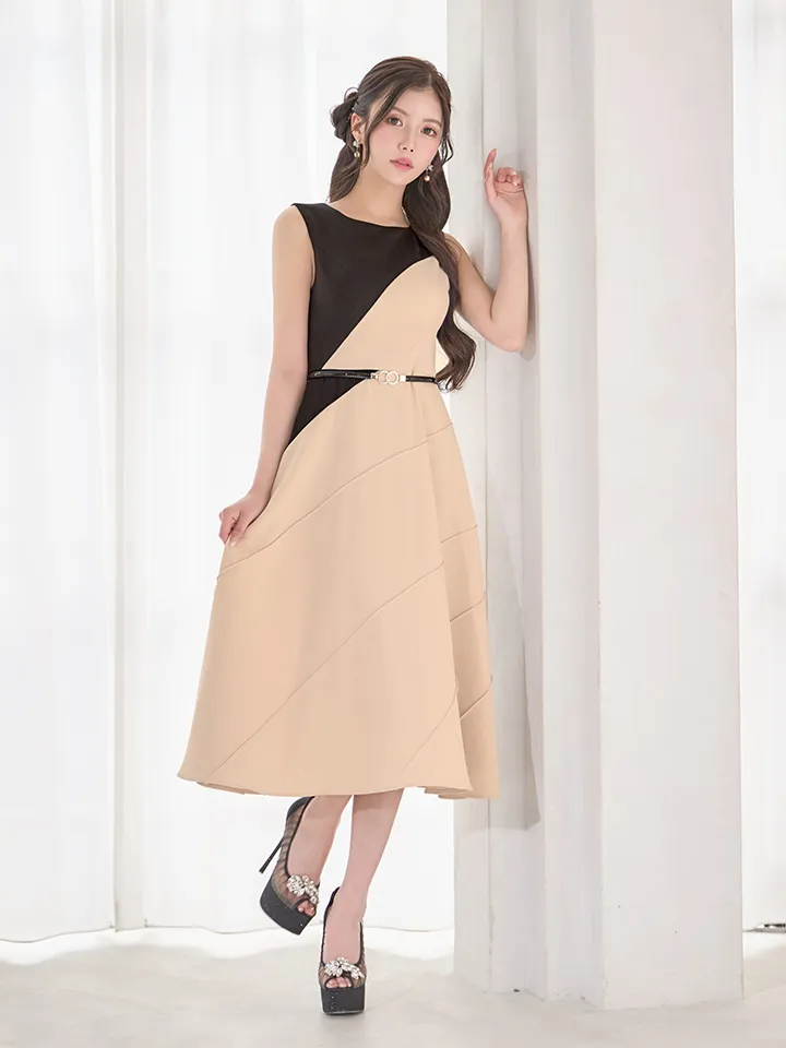  【GINZA COUTURE/銀座クチュール】バイカラー/ ベルト/ ノースリーブ/ フレア/ Aライン/ ワンピース/ ミディアムドレス/ キャバドレス1