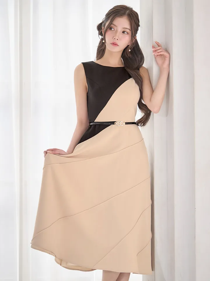  【GINZA COUTURE/銀座クチュール】バイカラー/ ベルト/ ノースリーブ/ フレア/ Aライン/ ワンピース/ ミディアムドレス/ キャバドレス2