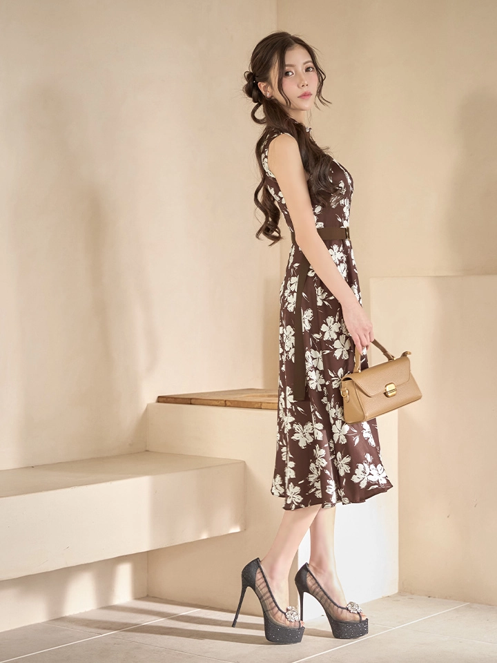 【GINZA COUTURE/銀座クチュール】フラワープリント/ バイカラー/ ベルト/ ノースリーブ/ ハイネック/ Aライン/ フレア/ ワンピース/ ミディアムドレス/ キャバドレス2