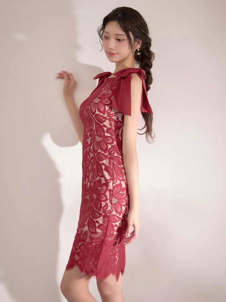 【GINZA COUTURE/銀座クチュール】総レース/ ショルダーリボン/ ノースリーブ/ タイト/ 膝丈/ ミディアムドレス/ キャバドレス2