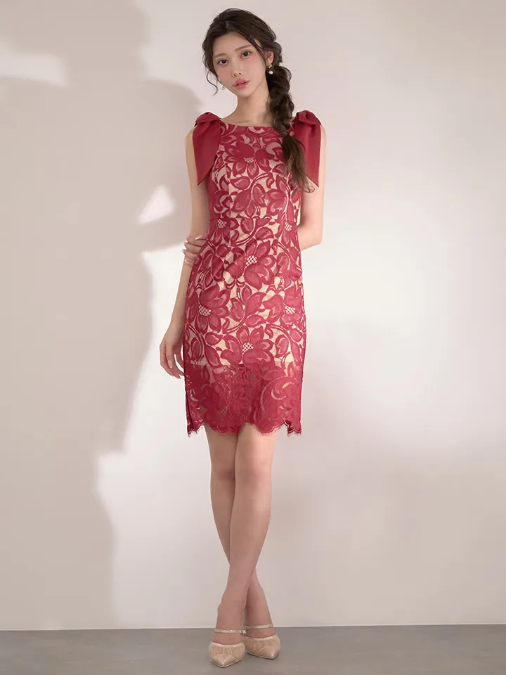 【GINZA COUTURE/銀座クチュール】総レース/ ショルダーリボン/ ノースリーブ/ タイト/ 膝丈/ ミディアムドレス/ キャバドレス5