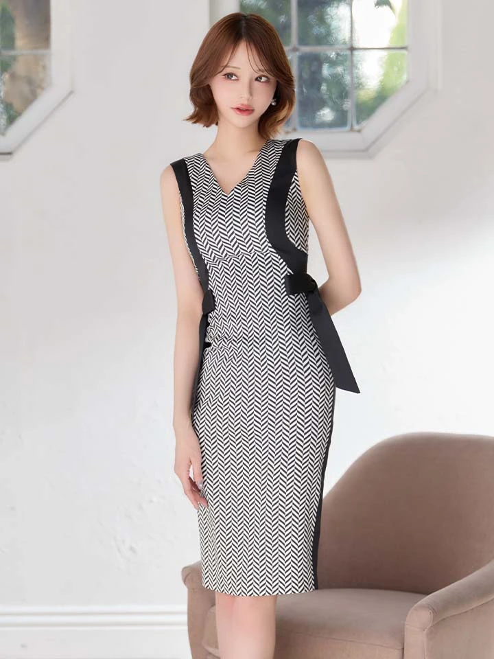 【GINZA COUTURE/銀座クチュール】バイカラー/ サイドリボン/ひざ丈/ Vネック/ ノースリーブ/ タイト/ 総柄/ ミニドレス/ キャバドレス3