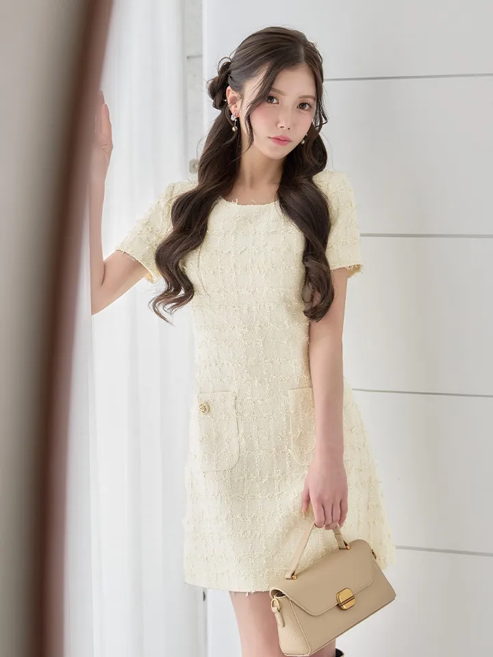 【GINZA COUTURE/銀座クチュール】ツイード/ ポケット/ 金ボタン/ パールブローチ付き/ 半袖/ Aライン/ ミニドレス/ キャバドレス3