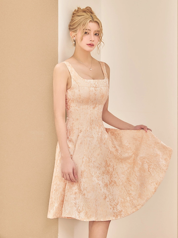 【GINZA COUTURE/銀座クチュール】フラワープリント/ 金糸/ スクエアネック/ ノースリーブ/ ハイウエスト/ Aライン/ フレア/ ワンピース/ ミディアムドレス/ キャバドレス1