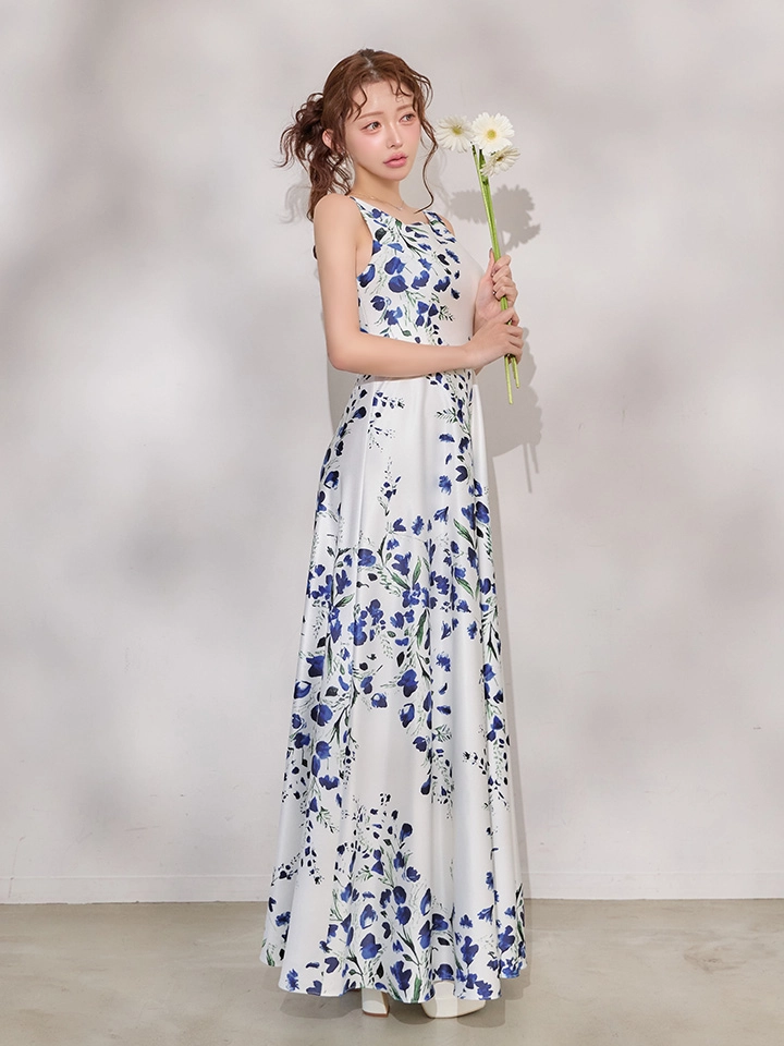 【GINZA COUTURE/銀座クチュール】フラワープリント/ ノースリーブ/ウエストマーク/ Aライン/ フレア/ ロングドレス/ キャバドレス1