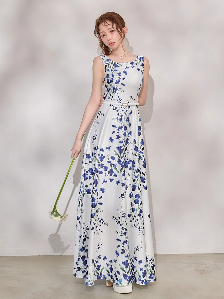 【GINZA COUTURE/銀座クチュール】フラワープリント/ ノースリーブ/ウエストマーク/ Aライン/ フレア/ ロングドレス/ キャバドレス2