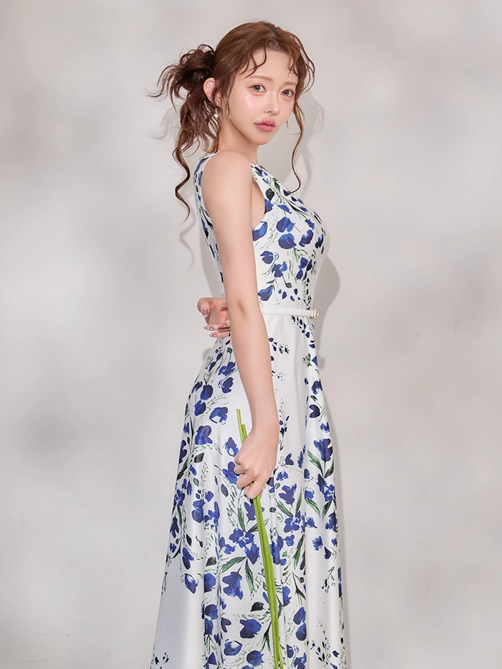 【GINZA COUTURE/銀座クチュール】フラワープリント/ ノースリーブ/ウエストマーク/ Aライン/ フレア/ ロングドレス/ キャバドレス3