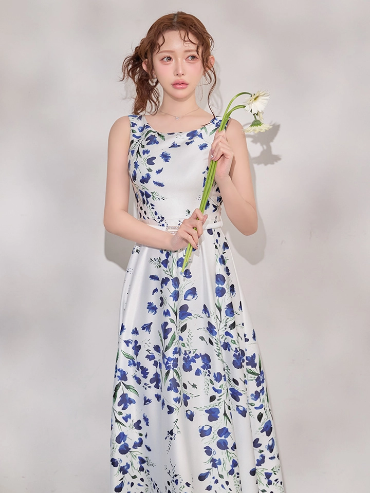 【GINZA COUTURE/銀座クチュール】フラワープリント/ ノースリーブ/ウエストマーク/ Aライン/ フレア/ ロングドレス/ キャバドレス4