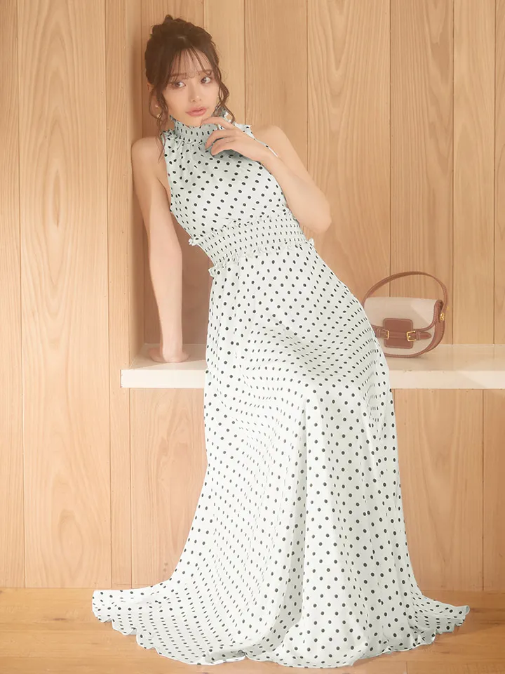 【ERUKEI エルケイ】ドット/ ネックフリル/ ウエストマーク/ マキシ丈/ アメリカンスリーブ/ Aライン/ ワンピース/ ロングドレス/ キャバドレス 2