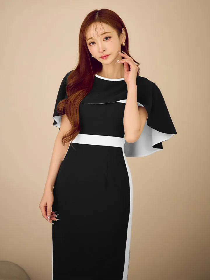 【GINZA COUTURE/銀座クチュール】シンプル/ バイカラー/ ケープ/ 切替/ サイドライン/ タイト/ 膝丈/ ミディアムドレス/ キャバドレス3