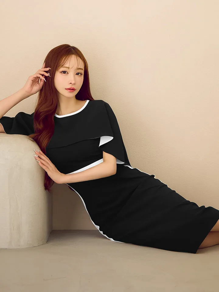 【GINZA COUTURE/銀座クチュール】シンプル/ バイカラー/ ケープ/ 切替/ サイドライン/ タイト/ 膝丈/ ミディアムドレス/ キャバドレス4