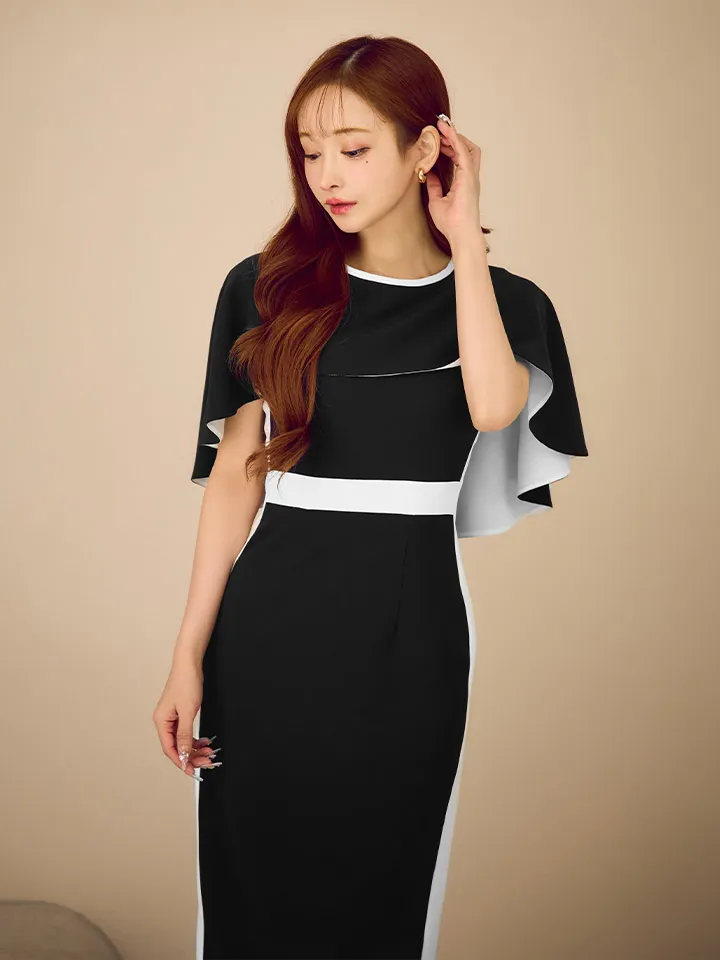 【GINZA COUTURE/銀座クチュール】シンプル/ バイカラー/ ケープ/ 切替/ サイドライン/ タイト/ 膝丈/ ミディアムドレス/ キャバドレス5