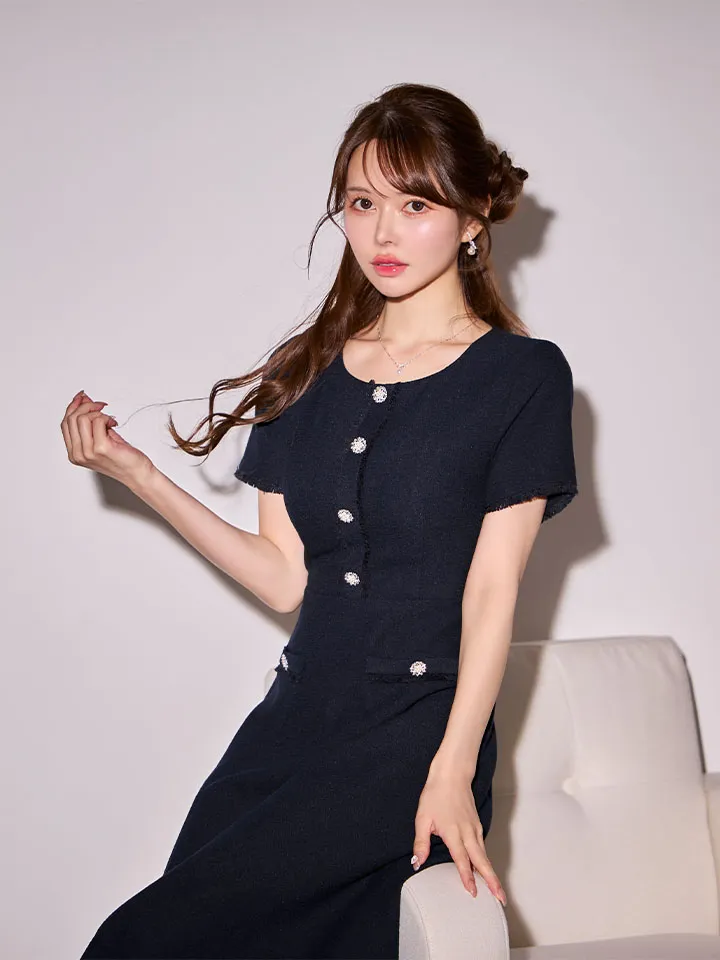 【GINZA COUTURE/銀座クチュール】シンプル/ ビジュー/ パールボタン/ 半袖/ 袖あり/ 膝丈/ フレア/ ミディアムドレス/ キャバドレス1