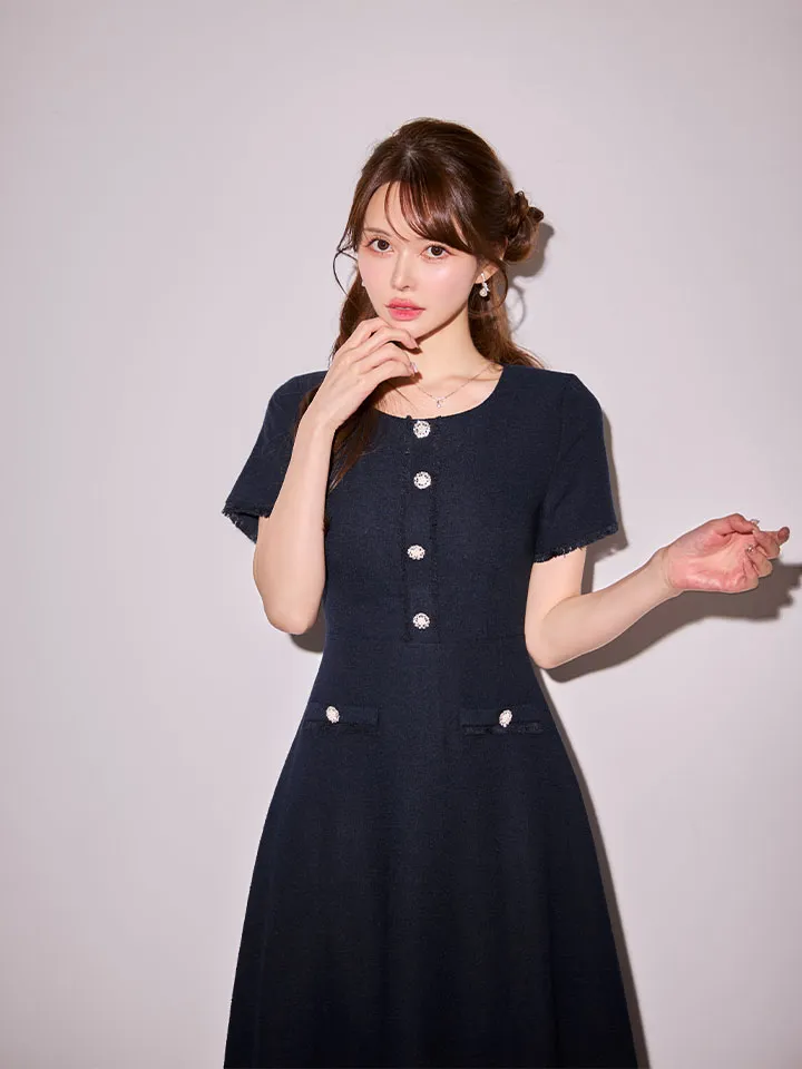 【GINZA COUTURE/銀座クチュール】シンプル/ ビジュー/ パールボタン/ 半袖/ 袖あり/ 膝丈/ フレア/ ミディアムドレス/ キャバドレス3
