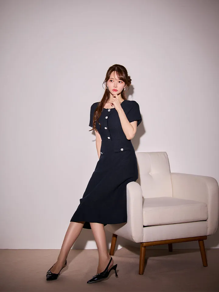 【GINZA COUTURE/銀座クチュール】シンプル/ ビジュー/ パールボタン/ 半袖/ 袖あり/ 膝丈/ フレア/ ミディアムドレス/ キャバドレス4