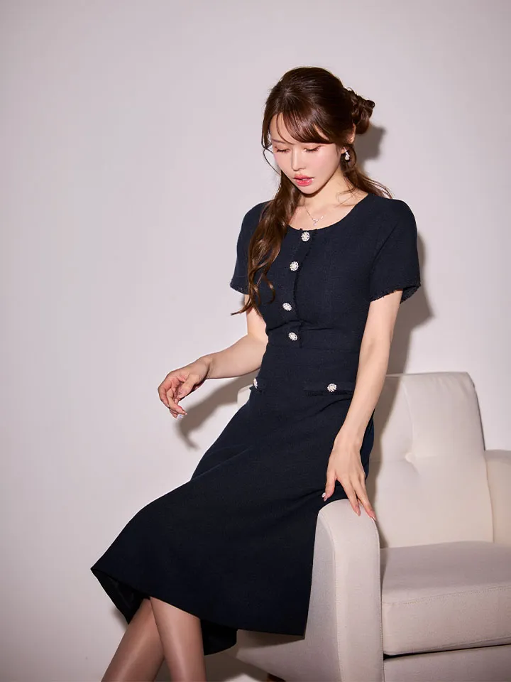 【GINZA COUTURE/銀座クチュール】シンプル/ ビジュー/ パールボタン/ 半袖/ 袖あり/ 膝丈/ フレア/ ミディアムドレス/ キャバドレス5