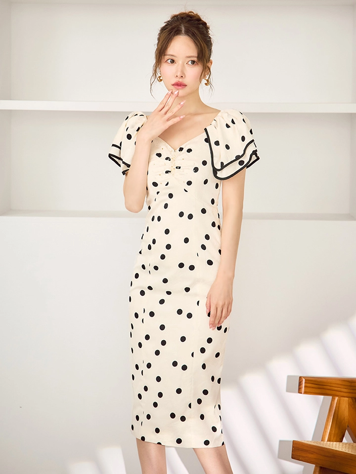 【GINZA COUTURE/銀座クチュール】サテン/ ジャガード/ ドットプリント/ フリルスリーブ/ パイピング/ ラインストーン/ タイト/ 膝丈/ ミディアムドレス/ キャバドレス6
