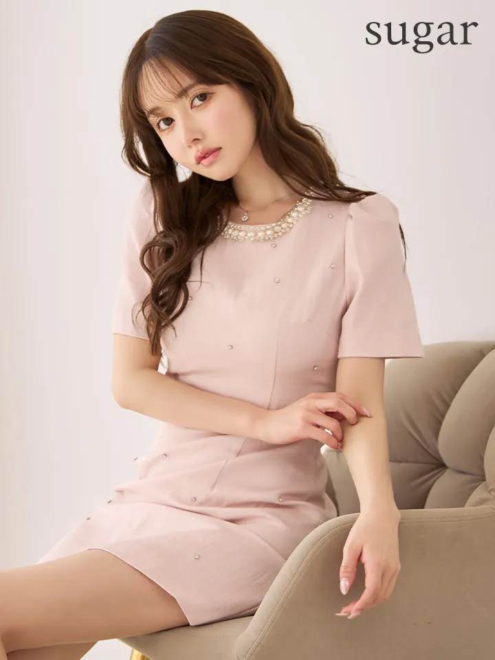 【GINZA COUTURE/銀座クチュール】パール/ ラインストーン/ 半袖/ 袖あり/ シンプル/ フレア/ Aライン/ ワンピース/ ミニドレス/ キャバドレス1