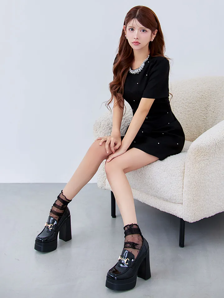 【GINZA COUTURE/銀座クチュール】パール/ ラインストーン/ 半袖/ 袖あり/ シンプル/ フレア/ Aライン/ ワンピース/ ミニドレス/ キャバドレス1